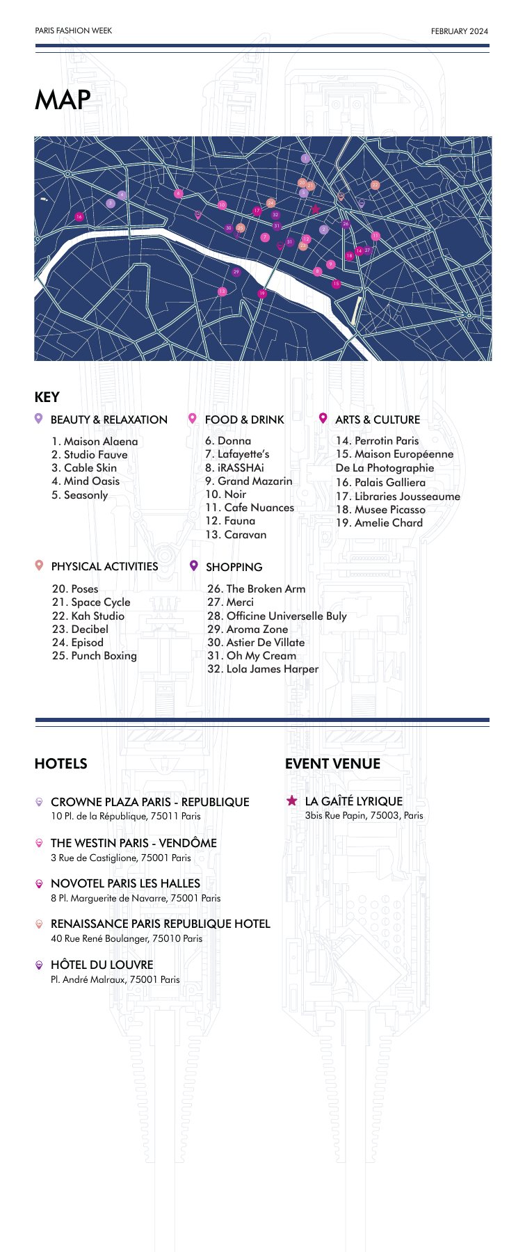 Mapped recommendations, hotels and event venue in the Dyson Paris Guide