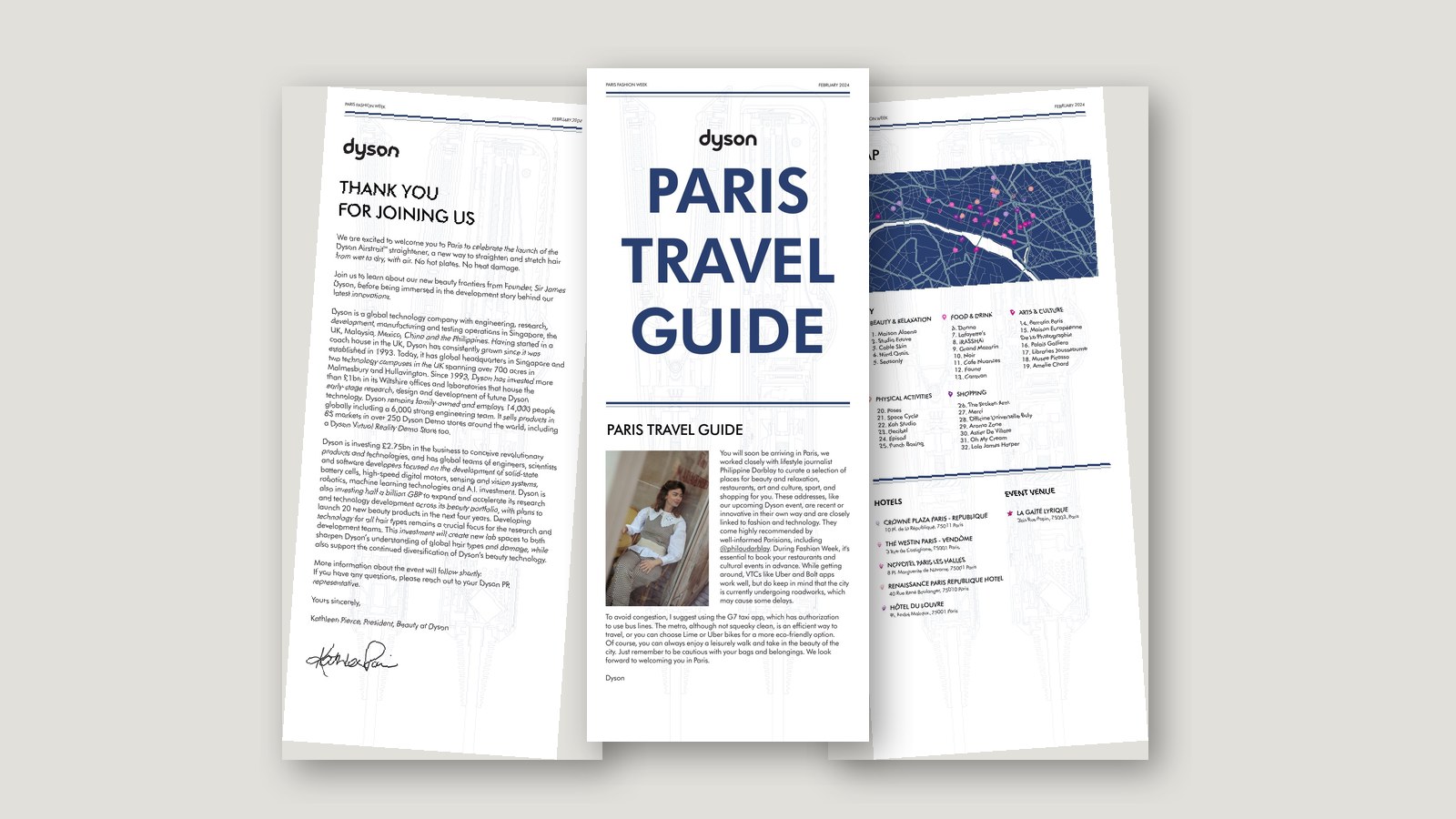 Dyson Paris Travel Guide cover, welcome letter and city map