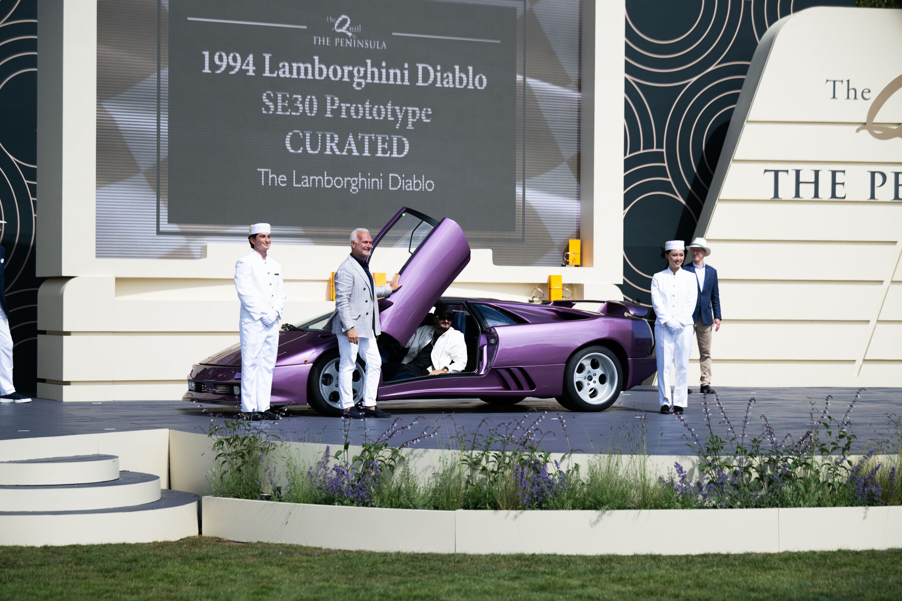 A 1994 Diablo SE30 prototype presented on the Pebble Beach concours stage